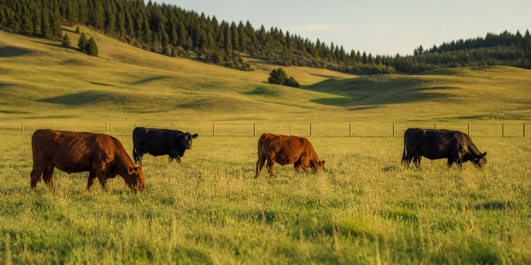Beef cattle grazing in a sunlit pasture